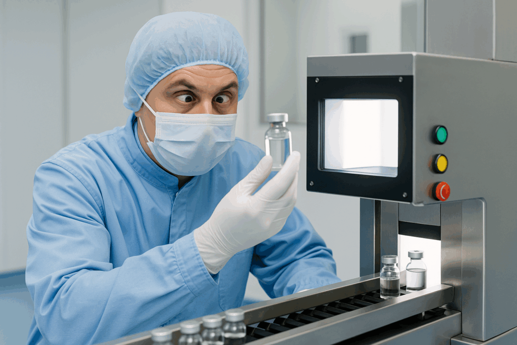 Technicien en blouse stérile dans une salle blanche pharmaceutique, manipulant un flacon à l’intérieur d’une mireuse semi-automatique, les yeux mi-clos comme s’il s’endormait.