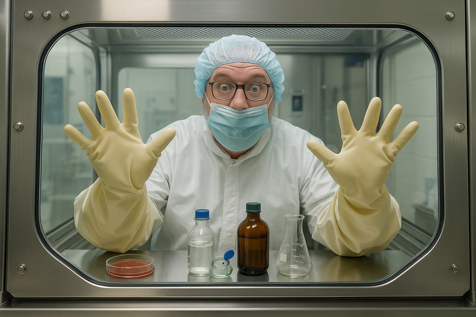 pharmacien en blouse stérile derrière la vitre d’un isolateur pharmaceutique, levant les mains gantées de façon humoristique, avec des flacons de laboratoire devant lui.