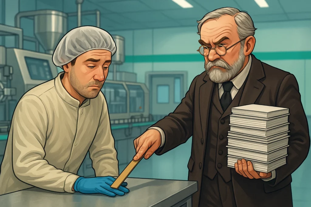 Illustration humoristique d’un opérateur en salle de production pharmaceutique se faisant réprimander par un professeur tenant une pile de procédures – QPPharma