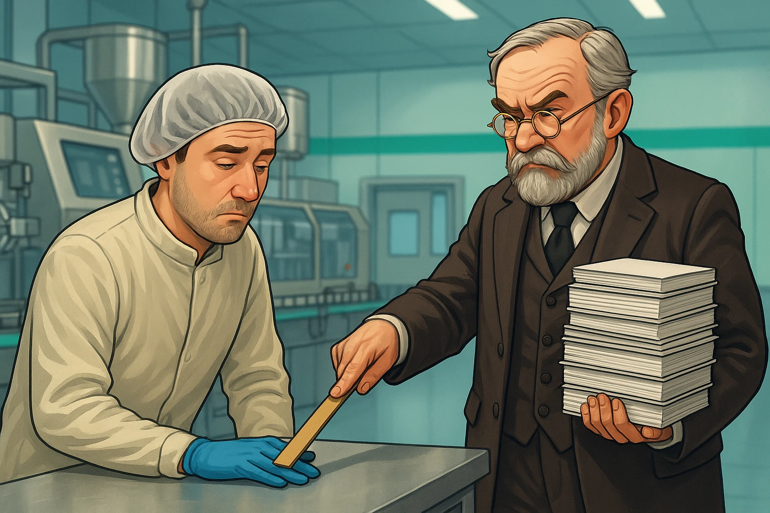 Illustration humoristique d’un opérateur en salle de production pharmaceutique se faisant réprimander par un professeur tenant une pile de procédures – QPPharma