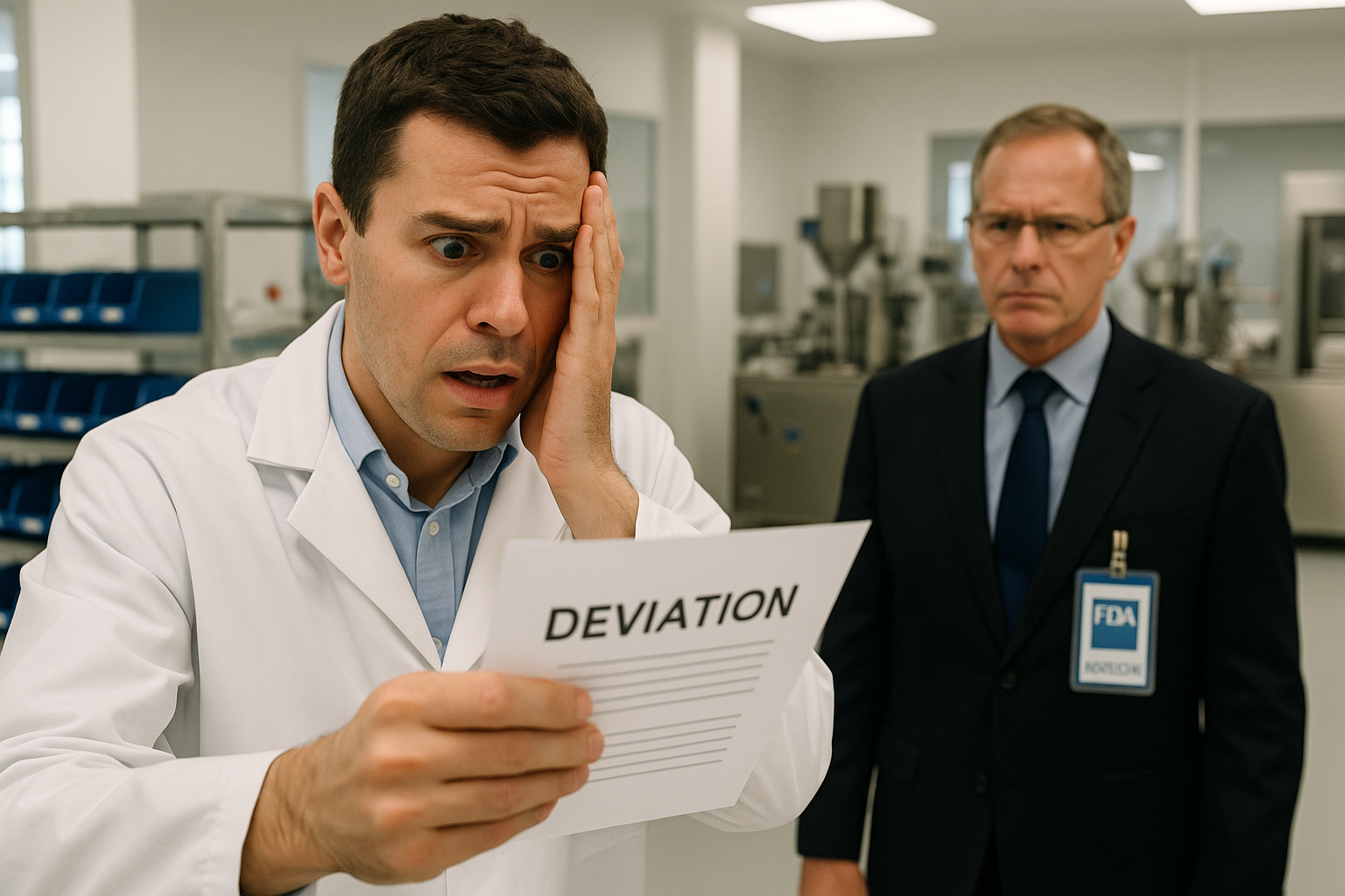 Employé de l’industrie pharmaceutique cherchant un dossier papier de déviation pendant qu’un inspecteur FDA attend, illustrant la nécessité de digitaliser les processus qualité.