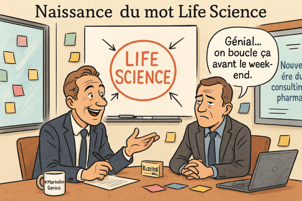 Deux publicitaires inventent le mot “Life Science” dans une réunion, référence humoristique à l’industrie pharmaceutique