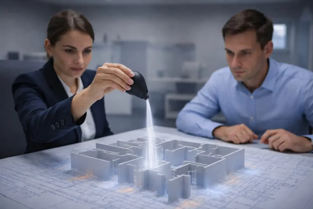 Test de fumée avec poire sur maquette 3D de salle propre pour analyse des flux laminaires