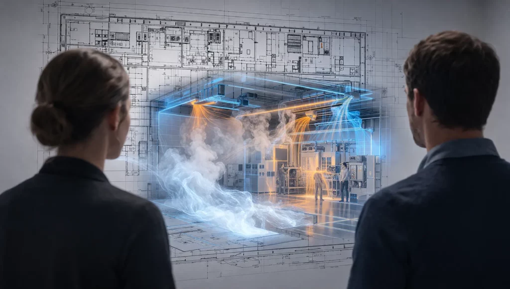 Projection 3D de simulation CFD des flux d’air sur plan de salle propre pharmaceutique