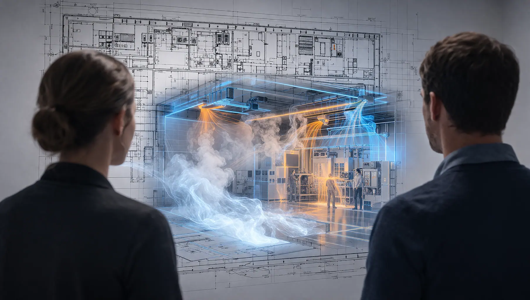 Projection 3D de simulation CFD des flux d’air sur plan de salle propre pharmaceutique