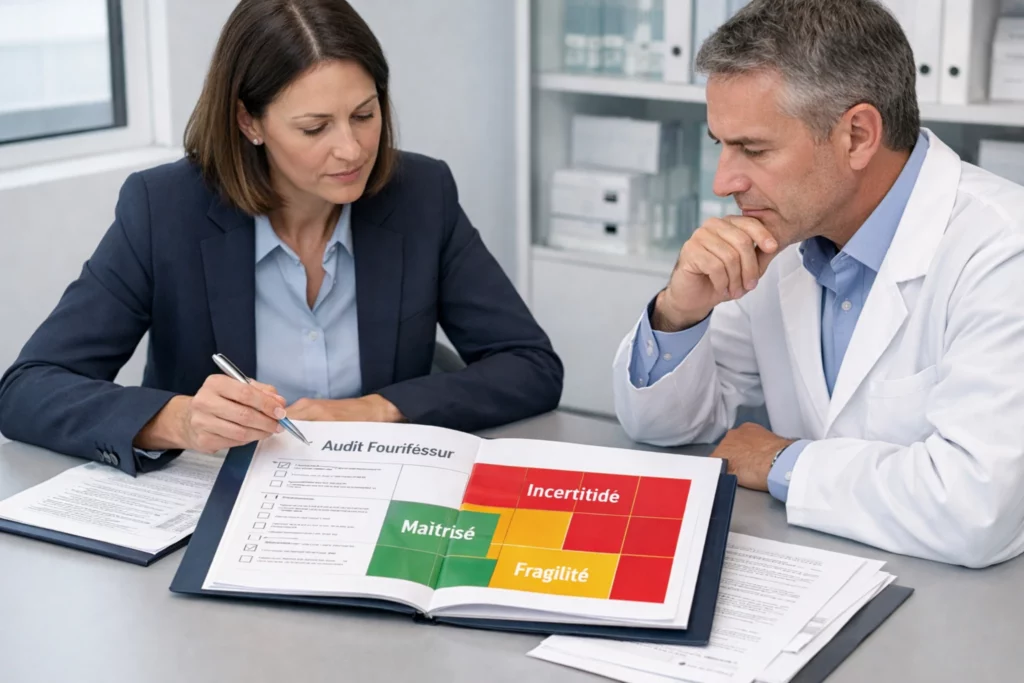Audit fournisseur en environnement pharmaceutique avec analyse de matrice de risques et conformité réglementaire top