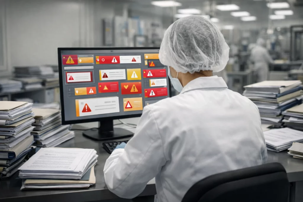 Réduction backlog qualité en industrie pharmaceutique avec gestion des alertes conformité et non-conformités top