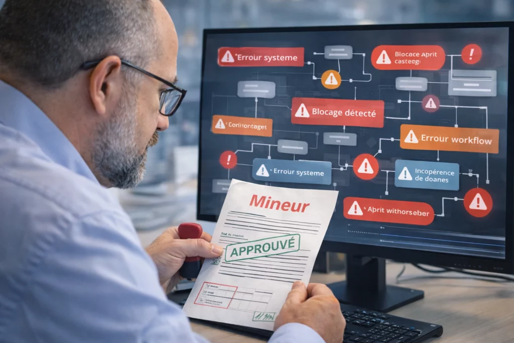 Responsable qualité examinant une déviation papier pendant qu’un système digital affiche des blocages et alertes workflow. top