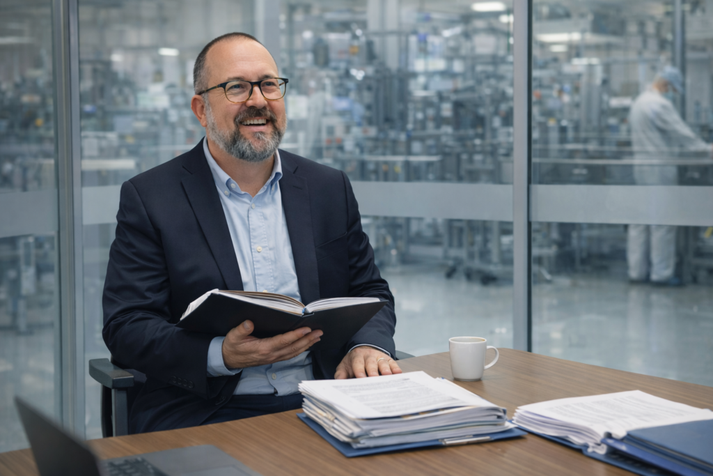 Consultant qualité pharmaceutique en réunion préparatoire à une inspection réglementaire, dans un environnement industriel GMP.