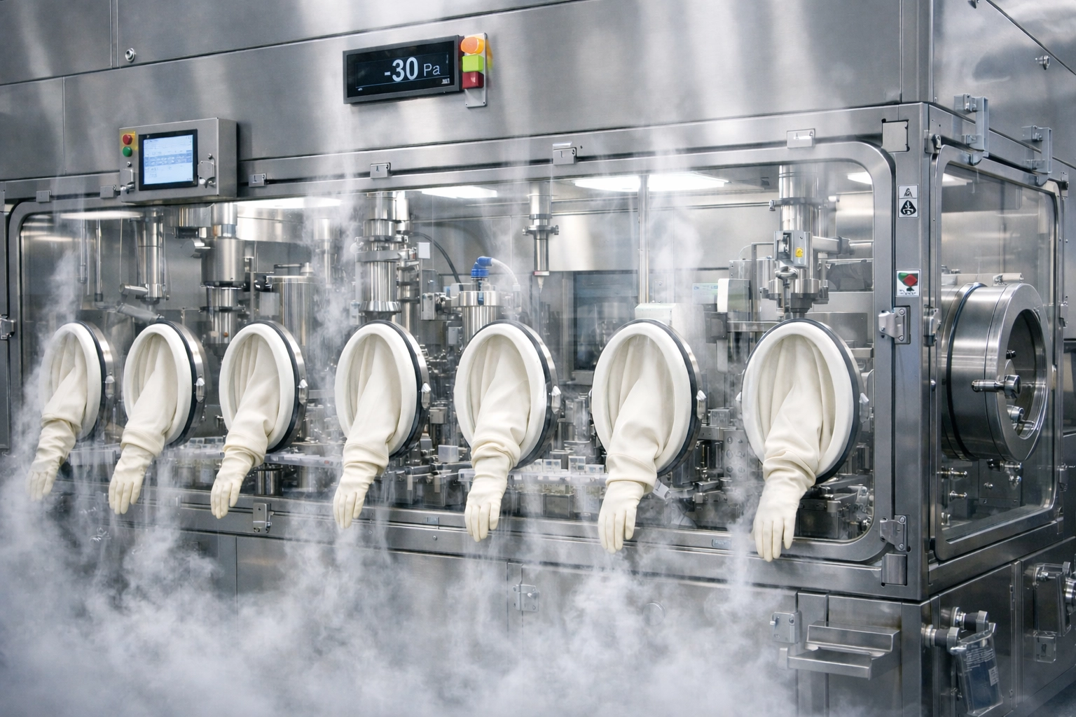 Smoke test dans un isolateur de remplissage pharmaceutique pour visualiser les flux d’air et vérifier la conformité des conditions aseptiques.