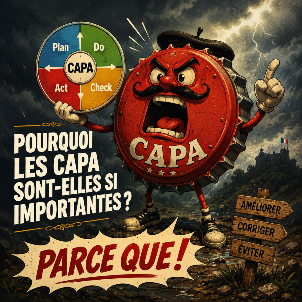 Illustration humoristique d’une CAPA en personnage rouge énervé tenant une roue PDCA pour expliquer l’importance des actions correctives et préventives.